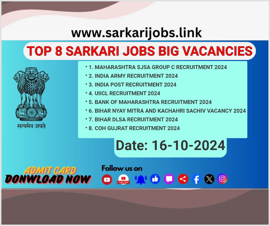 Top 8 Sarkari Jobs Vacancies on 16-Oct-2024